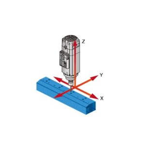 Illustration of a multi-axis machining tool positioned above a blue metal block. The tool is oriented vertically with axes labeled X, Y, and Z, indicating the directions of movement along a Cartesian coordinate system.