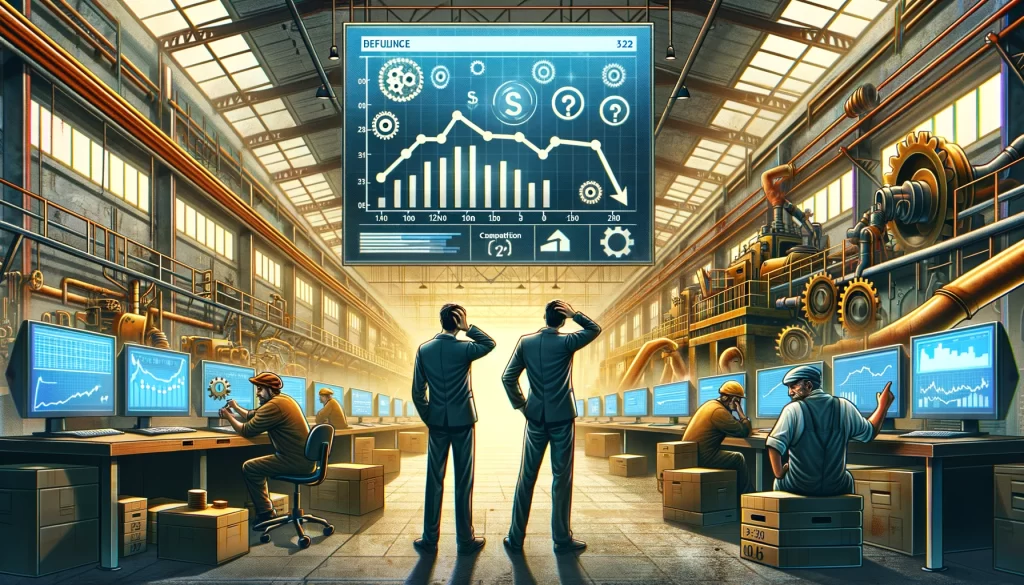 Stressed workers and owners in a modern brass factory in Jamnagar, with empty workstations, dusty machinery, and a screen showing a declining production graph. Visual graphics indicate rising costs, competition, outdated technology, and reduced demand.