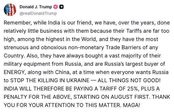 Trump announces 25% tariff on India affecting Indian precision component exporters in 2025