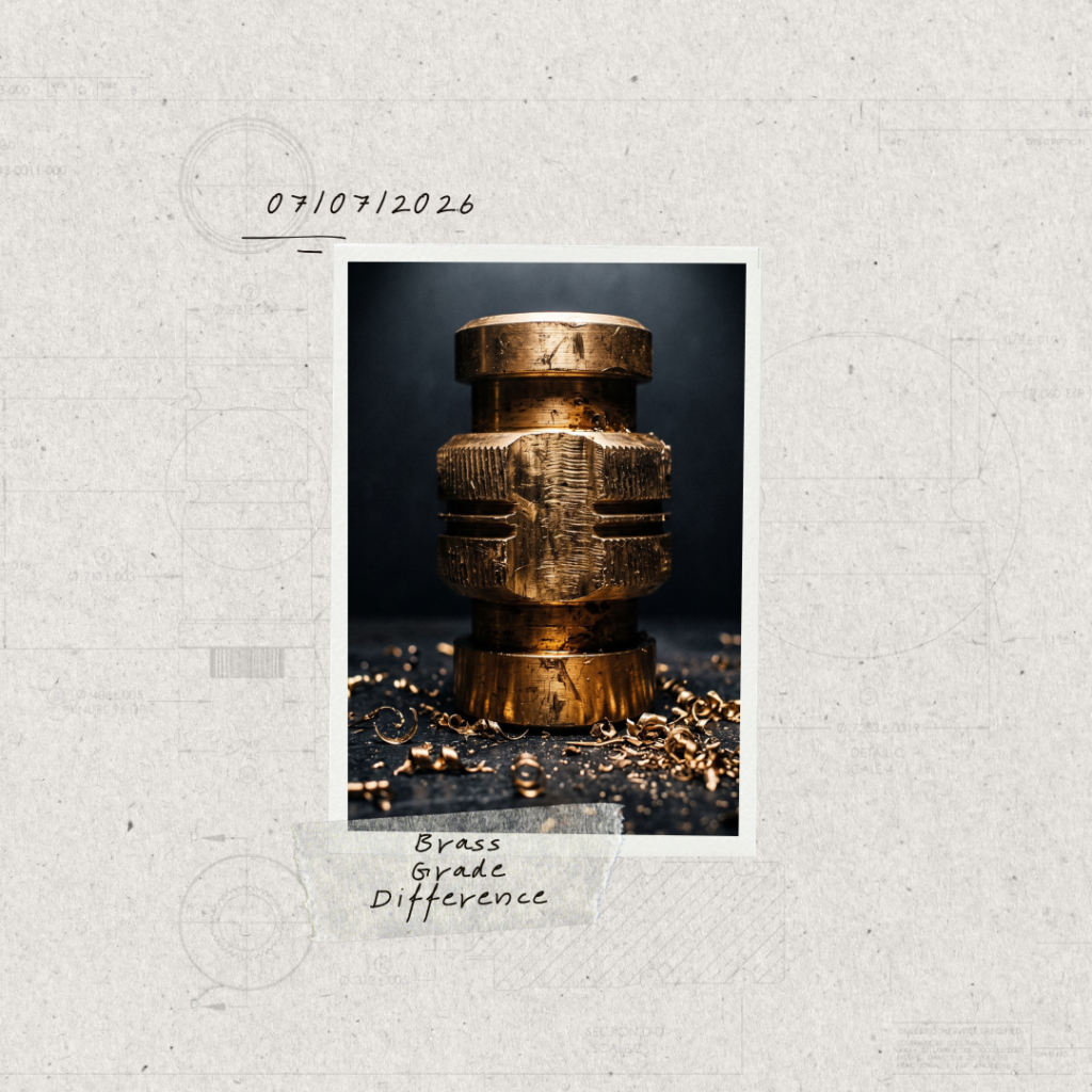 A brass CNC machined component surrounded by metal shavings, styled as a polaroid photograph on a blueprint engineering drawing background, with handwritten text reading "Brass Grade Difference" and a date stamp 07/07/2026.
